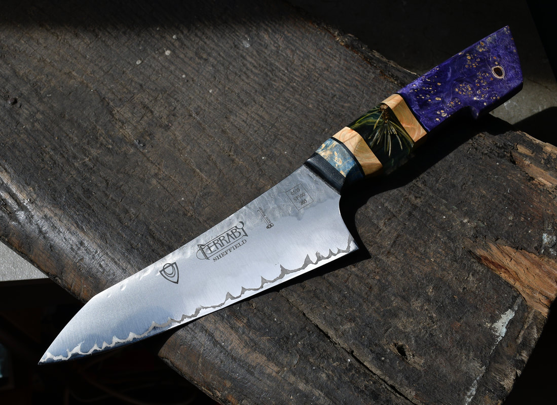 Handmade kitchen knife with custom blue cedar needle and wood handle