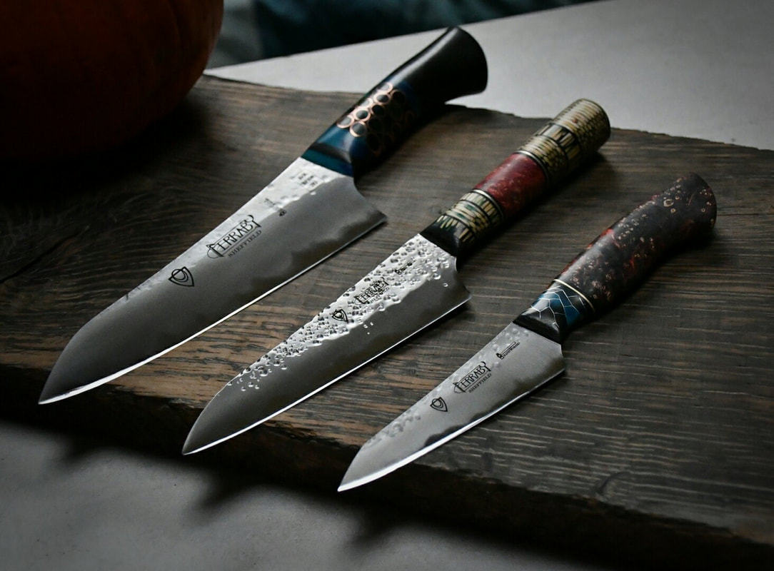 Handmade kitchen knives for sale - October 2018, Santoku, Ferraby5 and petty