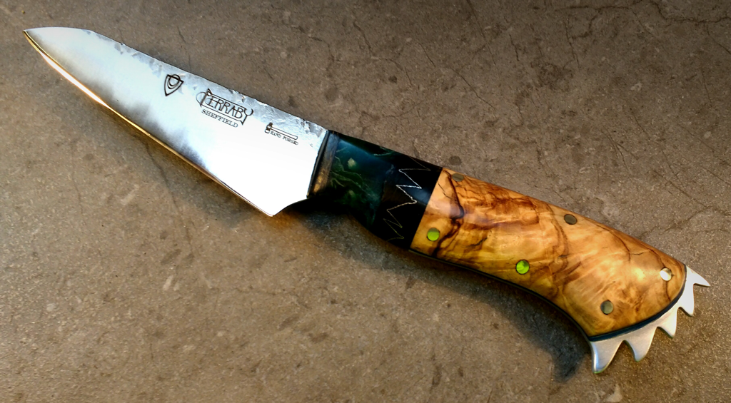 Hand crafted knife - 4” petty with olive handle and emerald green maple made by Artisan knife maker Will Ferraby. 